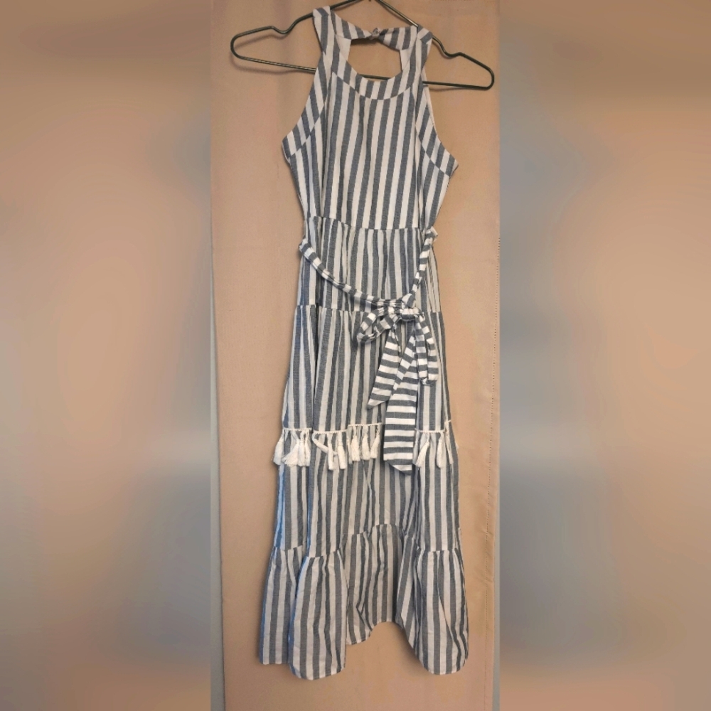 Rare Edition Striped Sleeveless Tassled Maxi Dress